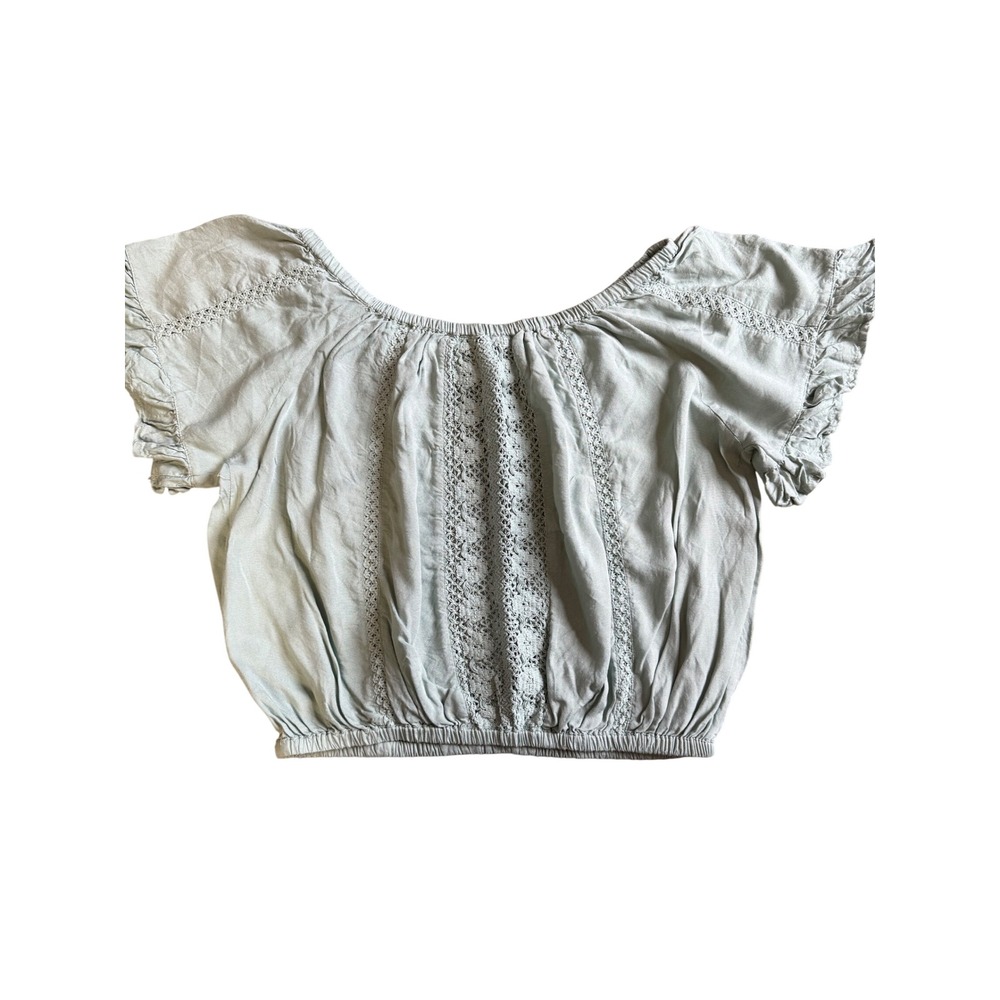 Venus Sage Green Boho Crochet Lace Ruffle Crop Top Off Shoulder Small